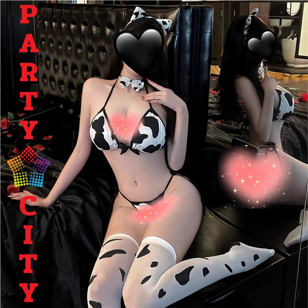 PARTY CITY บิกินี่ บิกินี่เซ็กซี่ ชุดลายวัว จีสตริงผูกข้างมีหางติดโบว์ PC-1248