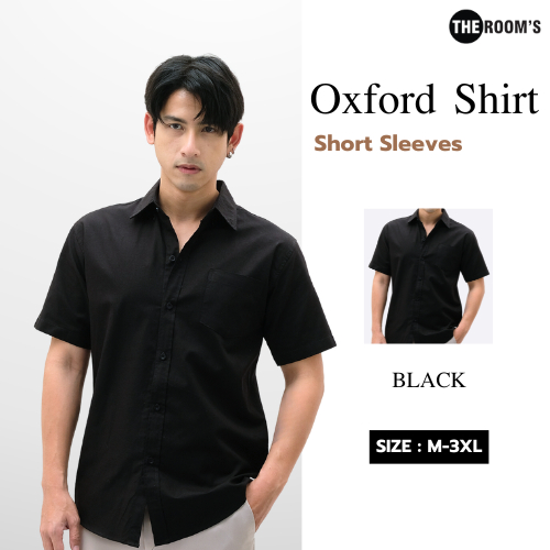 THE ROOM'S - เดอะรูม เสื้อเชิ้ต คอปก สีดำ Oxford แขนสั้น รีดง่าย ใส่สบาย