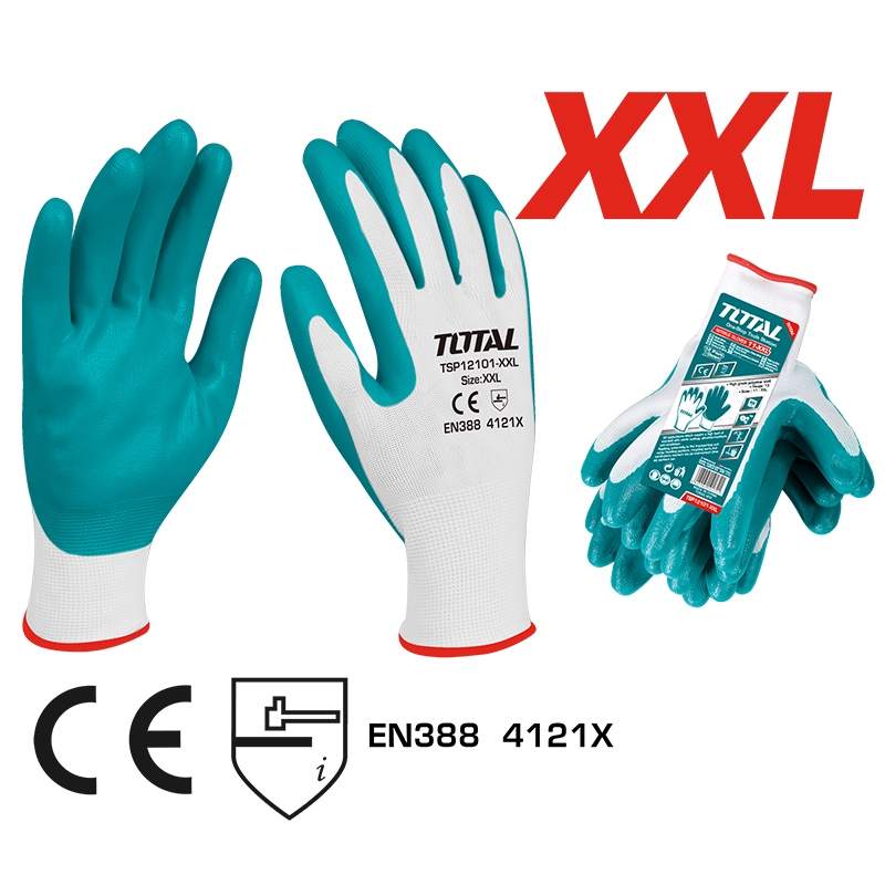 Total ถุงมือผ้า เคลือบยาง ไนไตรท์ รุ่น TSP12101-XXL / TSP12102 ( ถุงมือผ้าเคลือบยาง + โพลีเอสเตอร์ ) ( Nitrile Gloves )