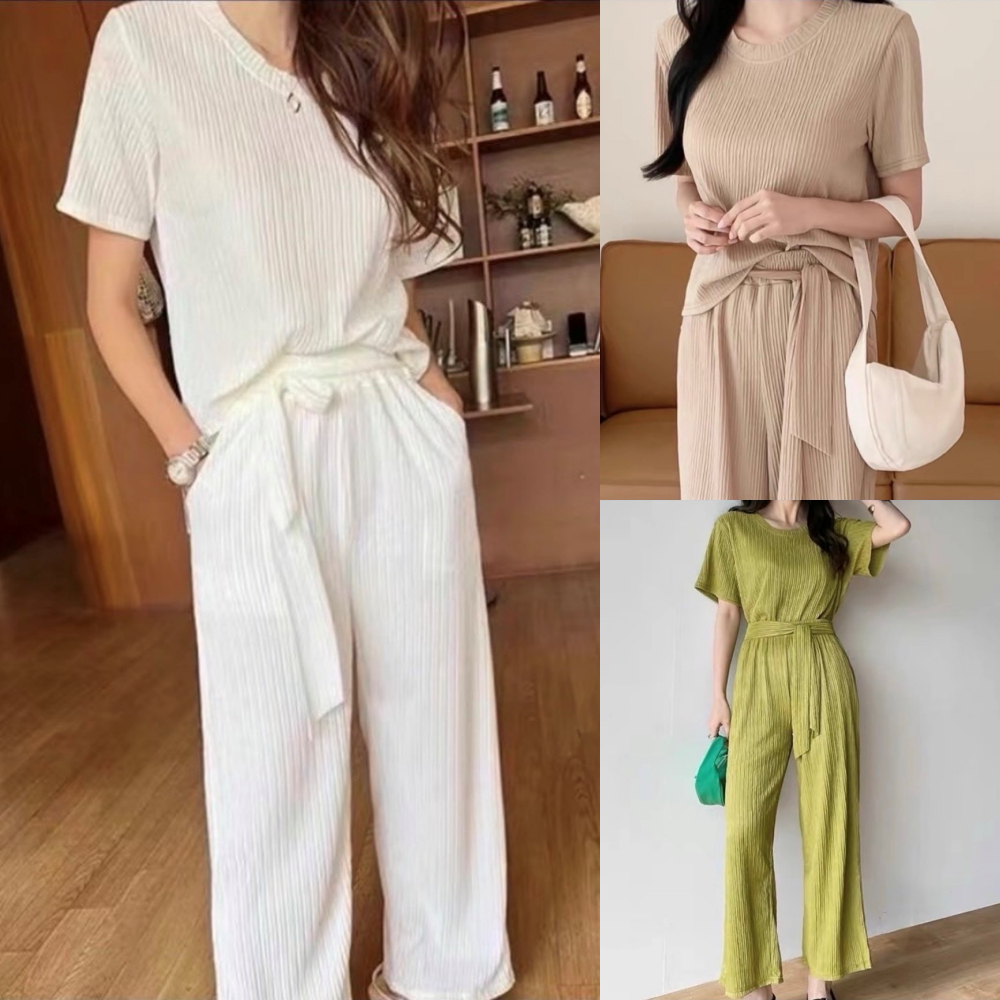 พร้อมส่ง ชุดเซตยาวผ้าเปลือกไม้ เสื้อคอกลมแขนสั้น+กางเกงเอวยางยืดมีกระเป๋าพร้อมสายผูกเอว A5176