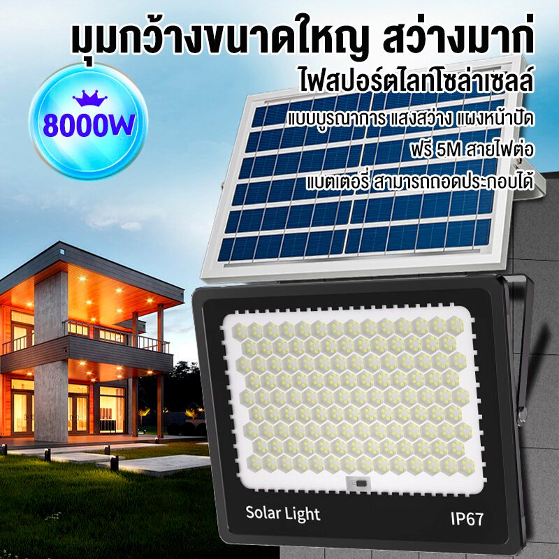 ไฟโซล่าเซลล์ led ถอดออกได้ 12000W กันน้ำIP67 Solar Light เซ็นเซอร์ พร้อมรีโ แหล่งจ่ายไฟแบบถอดได้