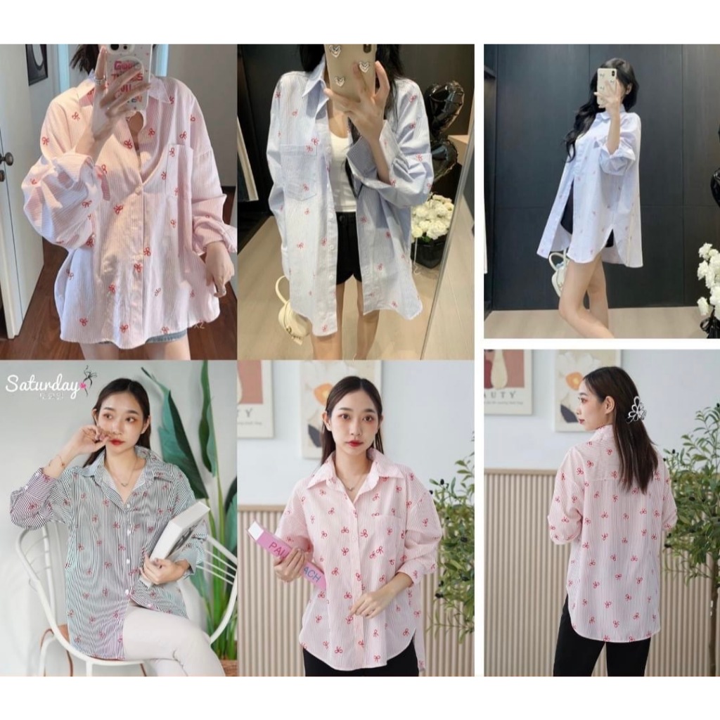 ป้าย Saturday เสื้อเชิ้ตผ้าริ้วสกรีนลายเต็มตัว อก 44 นิ้ว