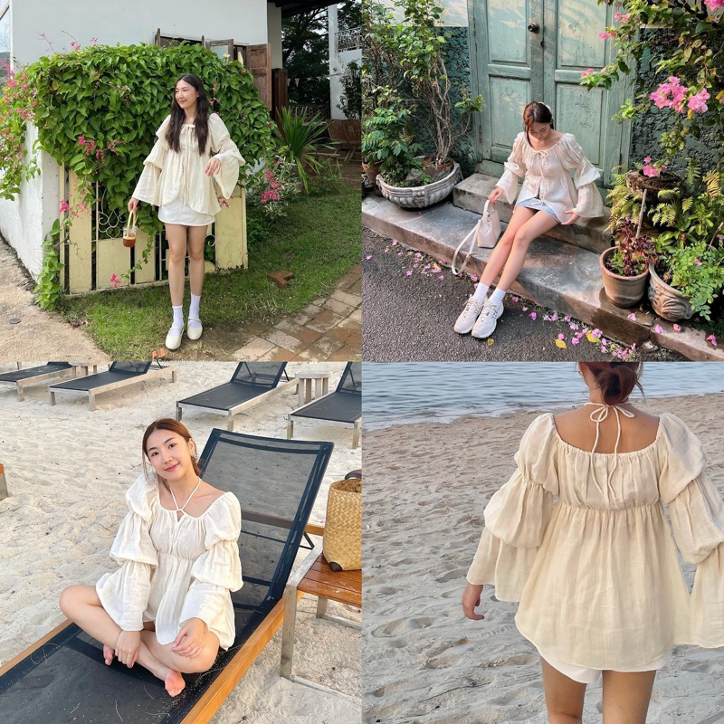 🪴HANA Top - (พร้อมส่ง) เสื้อแขนยาวจั้มแขน ผ้าสาลู เสื้อไปทะเล ชุดไปทะเล แขนยาวไปทะเล ใส่ได้หลายแบบ