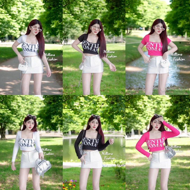 Kaidee99 เสื้อครอป คอเหลี่ยม สกรีนลาย Gentle Women ผ้าเรย่อน เสริมฟองน้ำในตัว ผ้าเด้งนุ่ม ยืดหยุ่น ใส่แล้วสวยน่ารักมาก