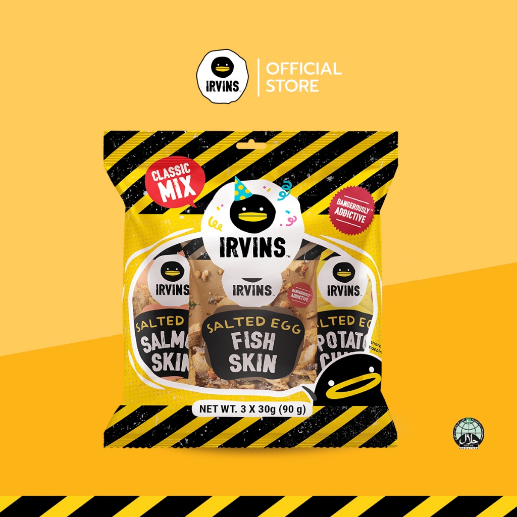 IRVINS Classix Mix 90 g ชุดเซ็ทออริจินัลเคลือบไข่เค็ม ขนาด 90 g (หนังปลาทอดกรอบ, มันฝรั่งทอดกรอบ, หนังปลาแซลมอนทอดกรอบ)