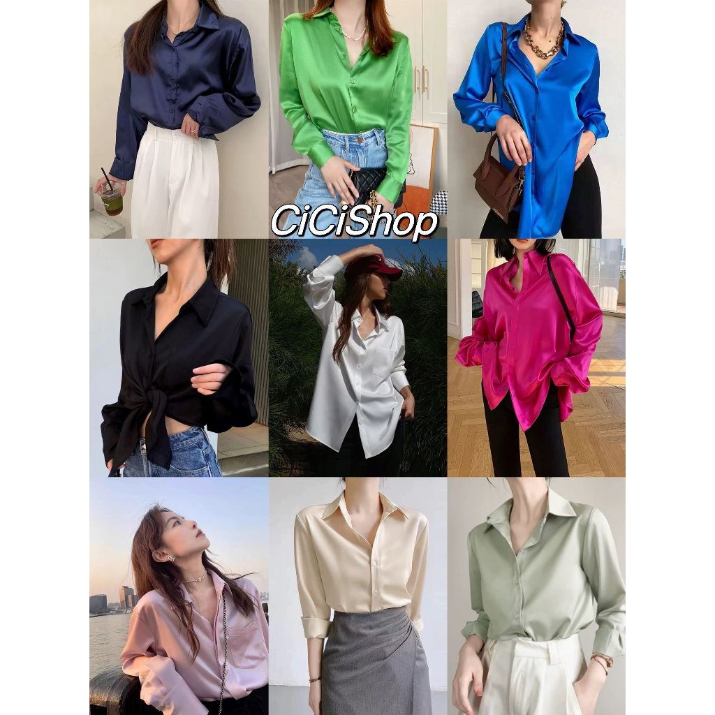 Cicishop(2166)เสื้อเชิ้ตแขนยาว ผ้าซาติน ผ้าเงาสวย เรียบ เลิศ..หรู..ดูไฮโซ..ใส่ได้ทุกงาน hiso สุดๆ