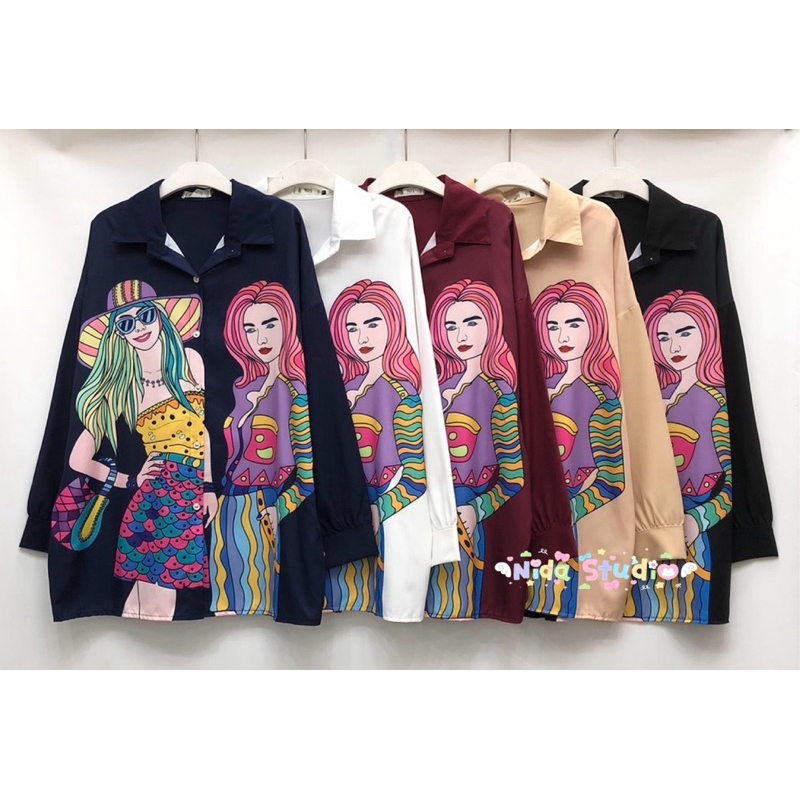 เสื้อเชิ้ต oversize แขนยาว ผ้าไหมอิตาลีพิมพ์ลายผู้หญิง กระดุมผ่าหน้า ไซส์ใหญ่