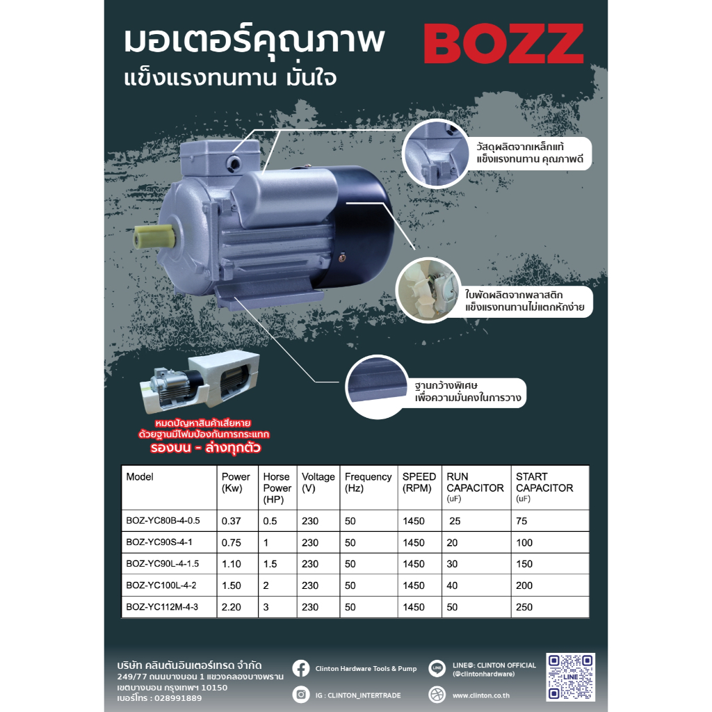 มอเตอร์ไฟฟ้า1,450 รอบ BOZZ รุ่น  BOZ-YC80B-4-0.5/ BOZ-YC90S-4-1/ BOZ-YC90L-4-1.5/ BOZ-YC100L-4-2/BOZ