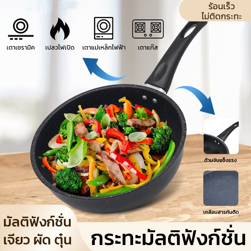 หม้อเคลือบหินอ่อน กระทะเทฟล่อน ทรงก้นลึก ใช้น้ำมันหน้อย หม้อสำหรับสำหรับทอด ผัด ต้มได้ ไม่ติดหม้อ ขนาด20ซม