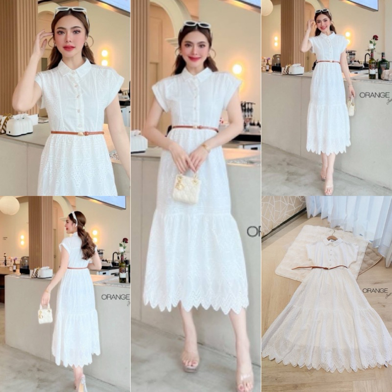 พร้อมส่ง S-2XL ป้าย Orange Juice เดรสฉลุ สีขาว แขนล้ำ กระดุมหน้า งานน่ารักมาก ชุดงานบุญ