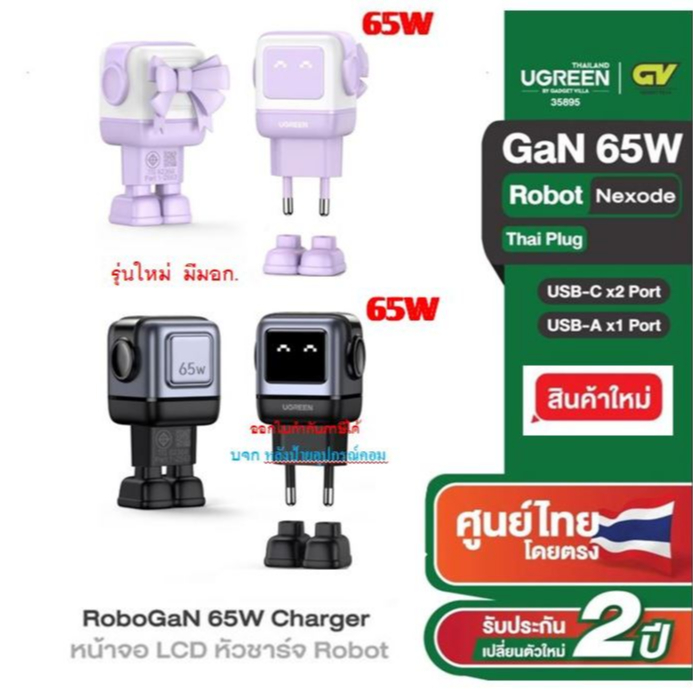 UGREEN New -ของเเท้ หัวชาร์จมอก.RoboGaN 65W Charger หน้าจอ LCD 3 Ports USB-Cx2/Ax1 หัวชาร์จRobot รุ่