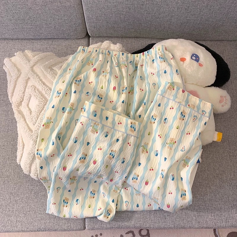 พร้อมส่งจากไทย ชุดนอนผ้าซาติน ใส่สบาย ผู้หญิง ผ้าฝ้ายระบายอากาศ 2ชิ้น