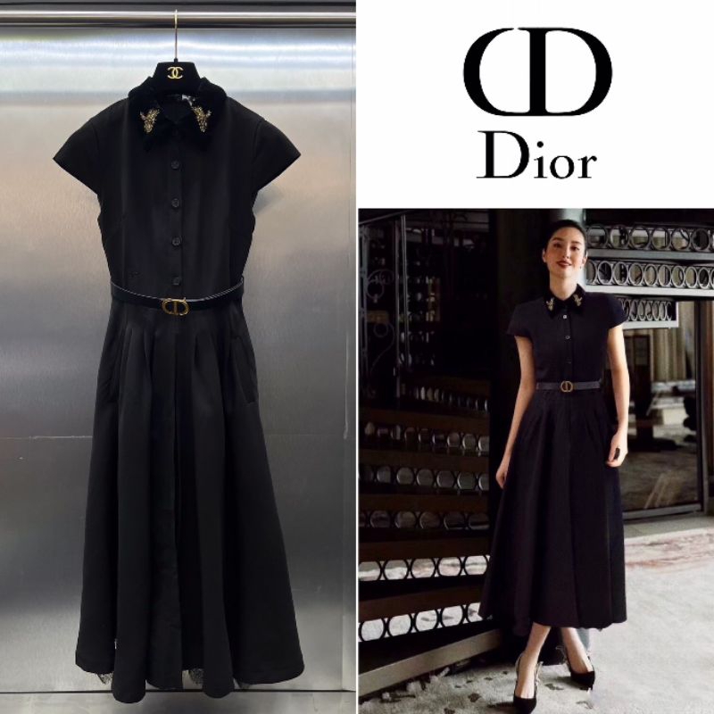 ชุดเดรสเชิ้ต CHRISTIAN DIOR BUTTERFLY VELVET MIDI DRESS WITH BELT