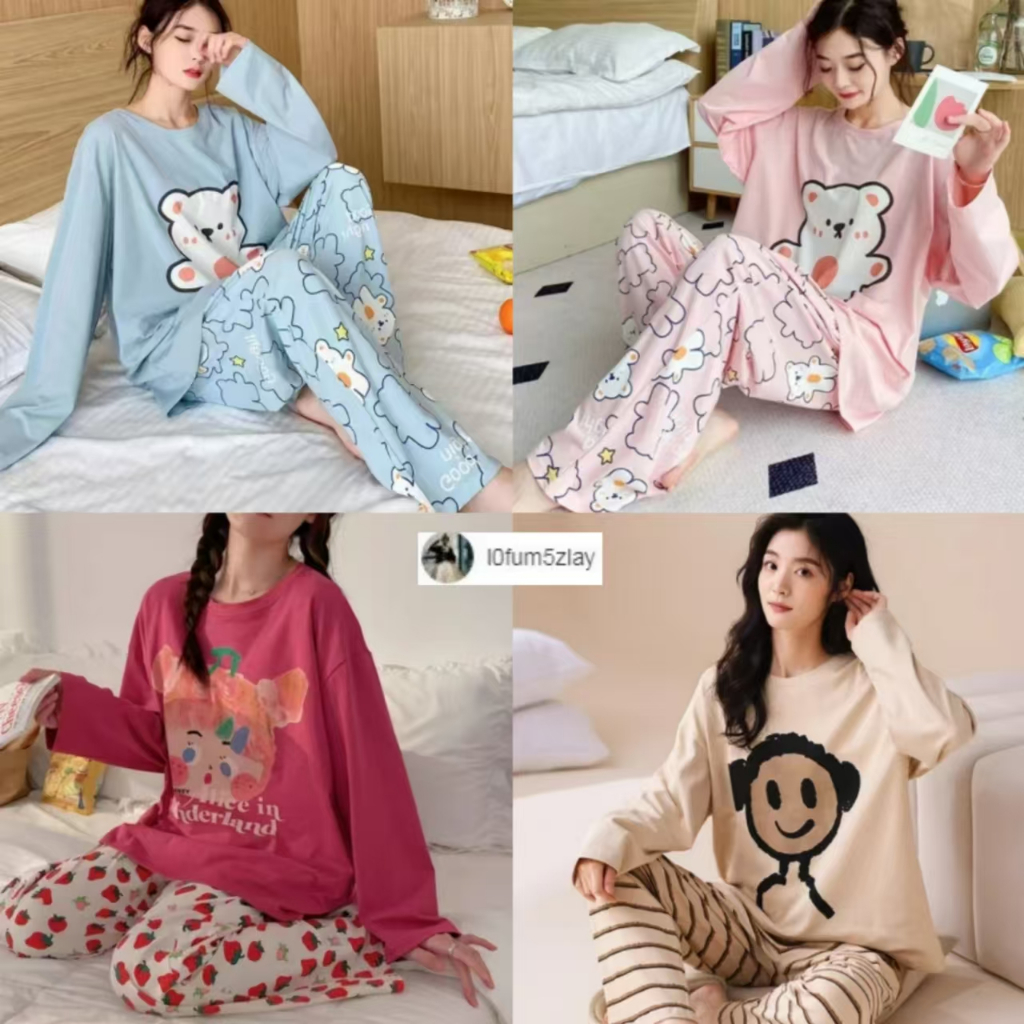 M-4XL【ราคาถูกที่สุด】ชุดนอน， ชุดนอนลายการ์ตูน， ชุด 2 ชิ้น， ยอดนิยม + กางเกง