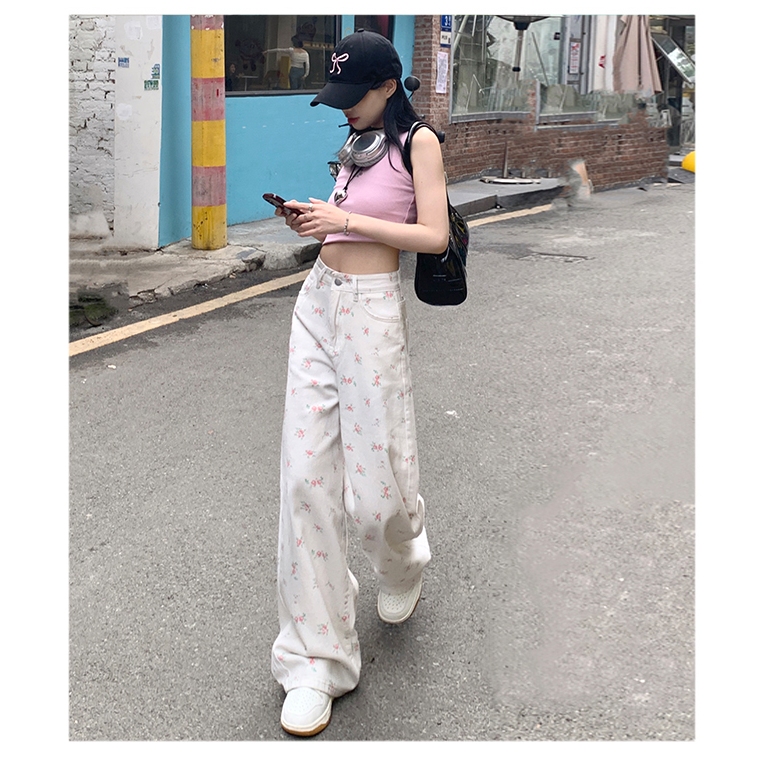 YODO กางเกงยีนส์สตรี เอวสูง ลายดอกไม้ กางเกงขากว้างสีขาวสไตล์เกาหลี S-3XL ราคา ถูกที่สุด ดีลบีเคเค แกลเลอรีภาพที่ 3