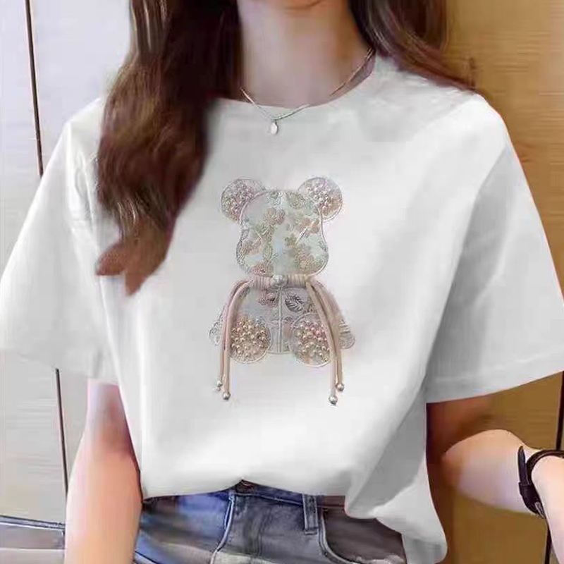 เสื้อยืดแขนสั้นสไตล์เกาหลีหวานสำหรับผู้หญิง รูปแบบหมีน้อยต่ายแขนสั้นลําลองคอกลม เชิ้ตสั้น เซทผู้หญิง เสื้อผูหญิง แขนสั้น