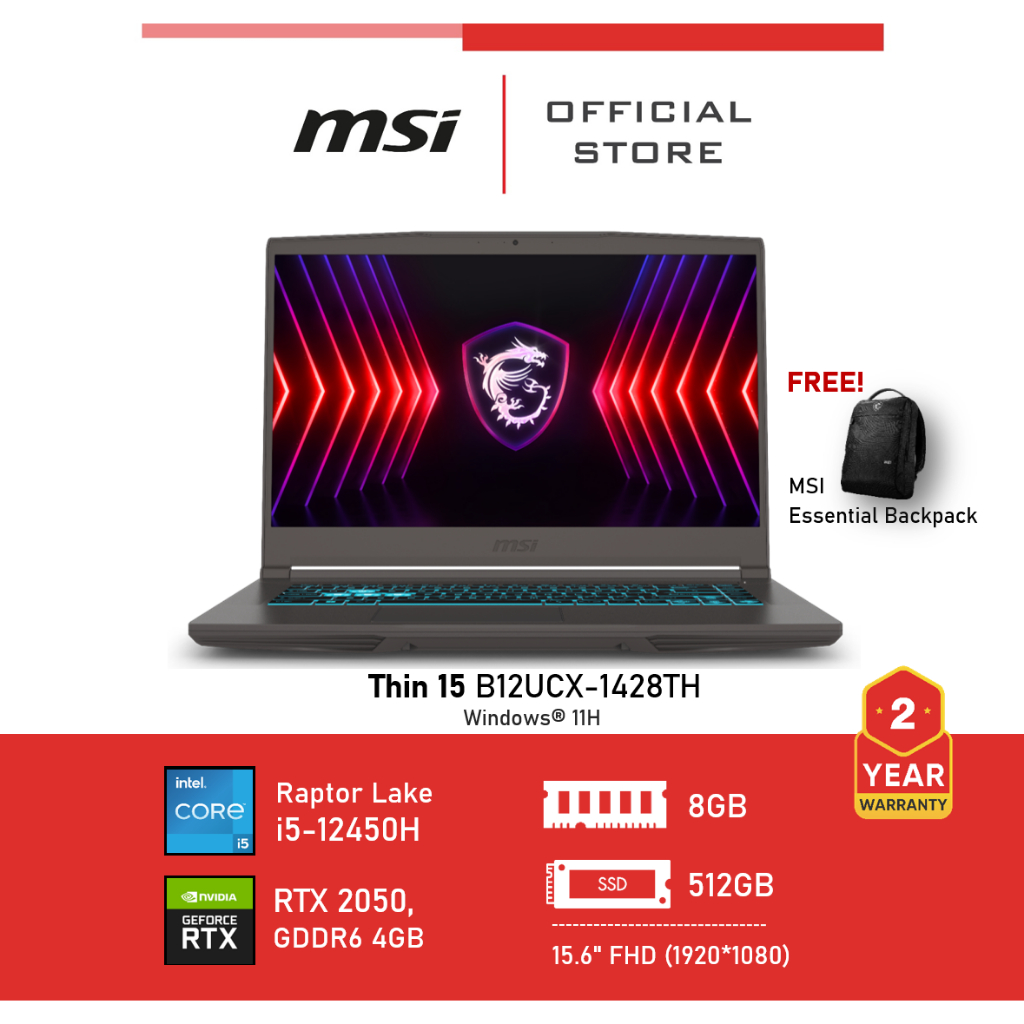 MSI Thin 15 B12UCX-1428TH (RTX 2050, GDDR6 4GB) Laptop, Notebook