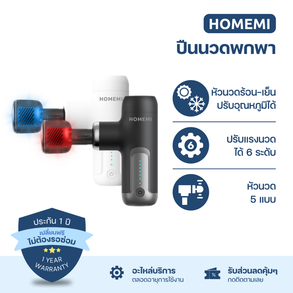 Homemi ปืนนวดพกพาไร้สาย Massager Gun รุ่น หัวธรรมดาและหัวประคบร้อน-เย็น นวดกล้ามเนื้อ นวดกดจุด