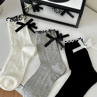 ในไทย-พร้อมส่ง✨ถุงเท้าJK Bowknotลูกไม้ น่ารักหวาน Insสไตล์เกาหลี นักเรียนสำหรับผู้หญิง ความยืดหยุ่นสูง Lolita-Move