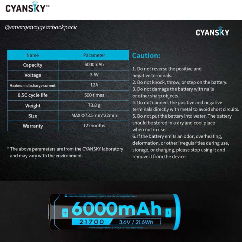 Cyansky BL2160 21700 6000mAh 3.6V 12A Li-ion Rechargeable Battery