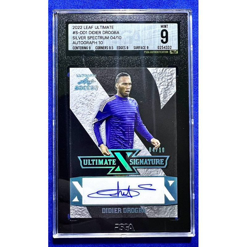 การ์ดเกรดลายเซ็นนักเตะ Didier Drogba 4/10 Leaf Ultimate Soccer Silver Spectrum 2022 เกรด PSGA ได้คะแ
