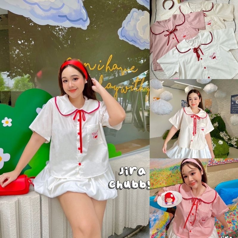 PLUSSIZE เสื้อคอบัว แต่งด้วยโบว์กำมะหยี่สีแดง งานปักกระเป๋าเชอรี่ (size38-50)จัดโปรโมชั่น3วันเท่านั้น
