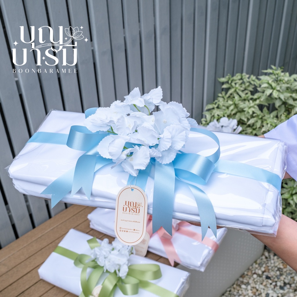 ผ้าขาวถวายพระ กฐิน ผ้าฝ้ายมัสลิน คอตตอน 100% นำไปย้อมสี ผ้าคุณภาพย้อมไม่ด่าง พร้อมตกแต่งสวยงาม - รูปที่ 3