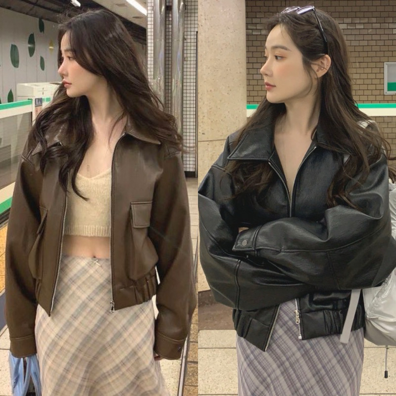 Gurls.Girl (พร้อมส่ง) แจ็คเก็ตหนังแท้/หนังเทียม มีกระเป๋า กันหนาวกันลม สีดำ/น้ำตาล