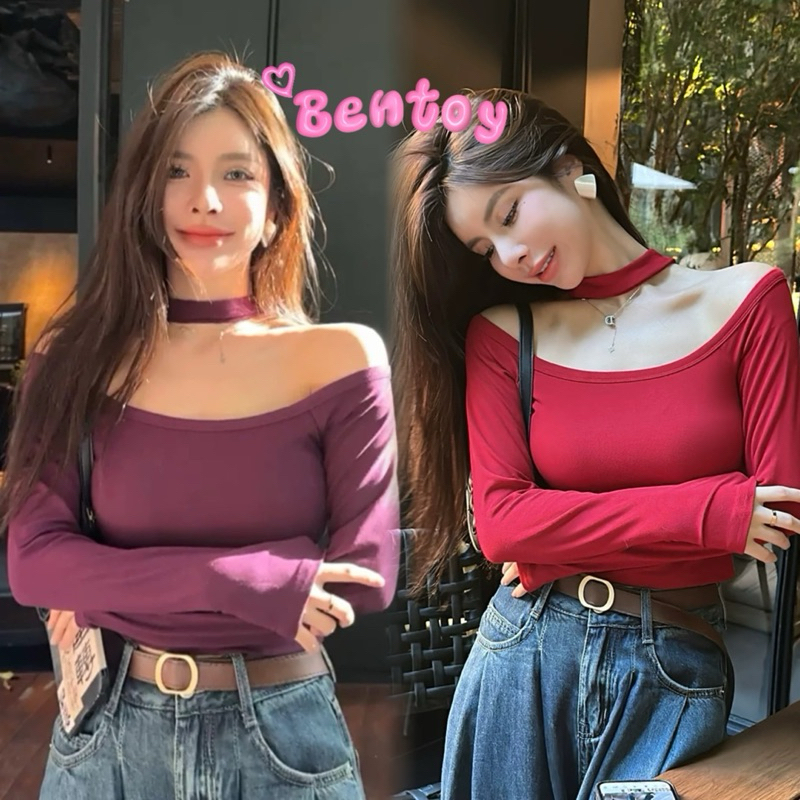Bentoy(bratop788)เสื้อยืดแขนยาว มีฟองน้ำในตัว ผ้าฝ้าย ผ้านิ่มใส่สบาย ปาดไหล่ ดีเมลสายห้อยคอ ใส่ได้สองสไตล์