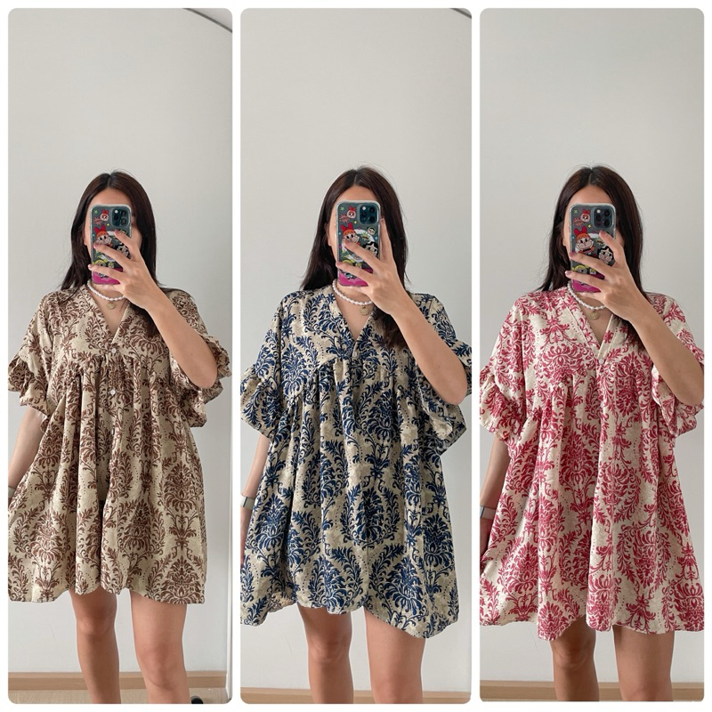 มินิเดรสคอวีแขนระบายลายไทย