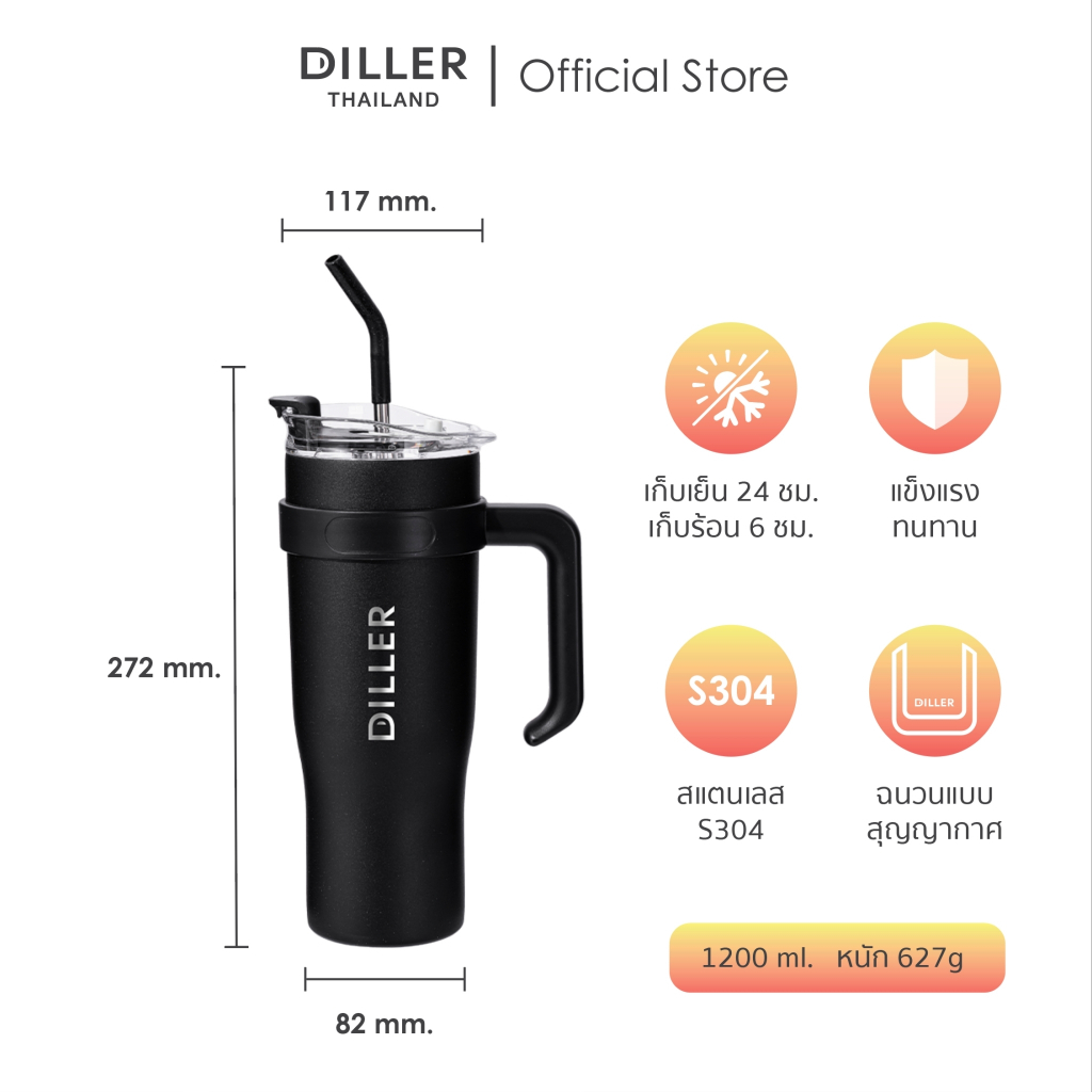 [ส่งจากไทย] Diller Thermo Tumbler 1200ml MLH9122 แก้วเก็บความเย็น/ร้อน สแตนเลส 2 ชั้นพร้อมฉนวนสูญญากาศเก็บเย็น 24 ชม ราคา ถูกที่สุด ดีลบีเคเค แกลเลอรีภาพที่ 2