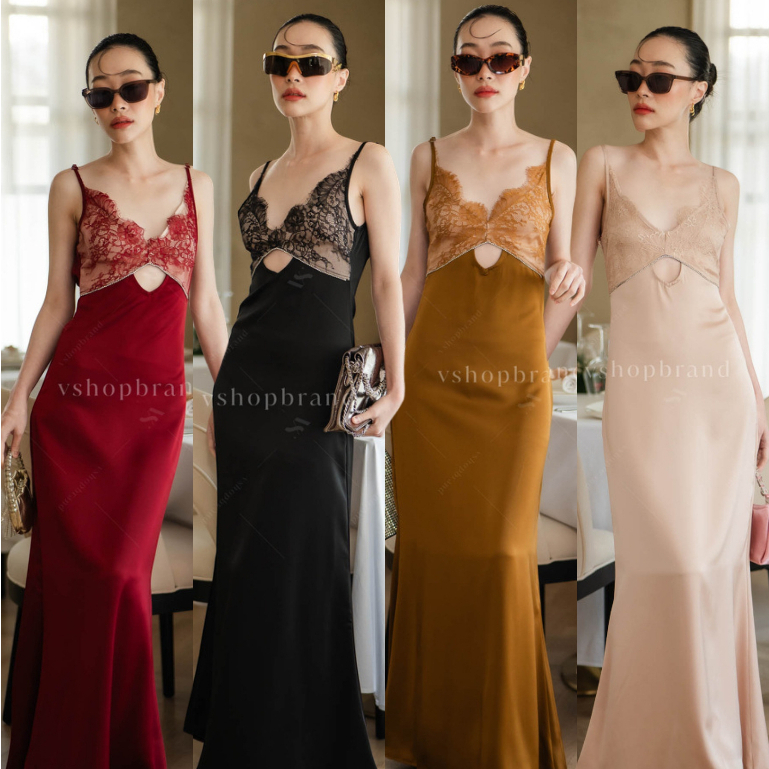 พร้อมส่ง ชุดออกงาน Maxi เดรสสายเดี่ยวผ้าวาเลน แต่งลูกไม้อกขอบเพชร เว้าท้อง งานป้าย vshopbrand