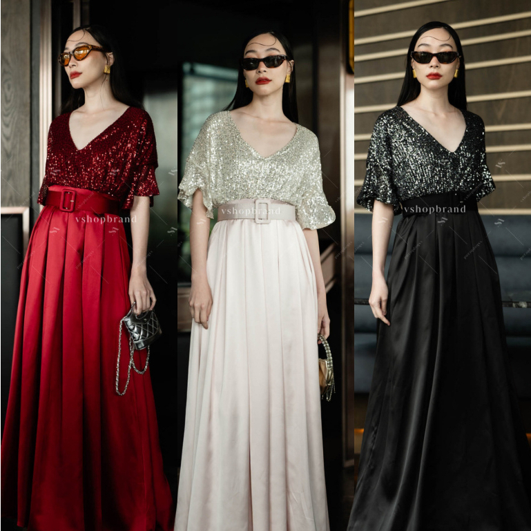 พร้อมส่ง ชุดออกงาน Maxi เดรสแขนสั้นกลิตเตอร์ ตค่อกระโปรงผ้าวาเลนจับจีบ งานป้าย vshopbrand