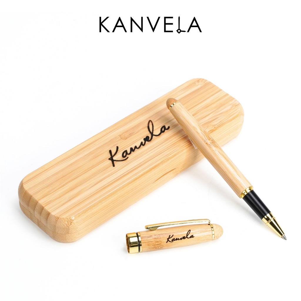 KANVELA ปากกาลายเซ็น ไม้ไผ่ หัวลูกลื่น 0.5 มม. หมึกสีดำ เปลี่ยนไส้ได้ ของขวัญ
