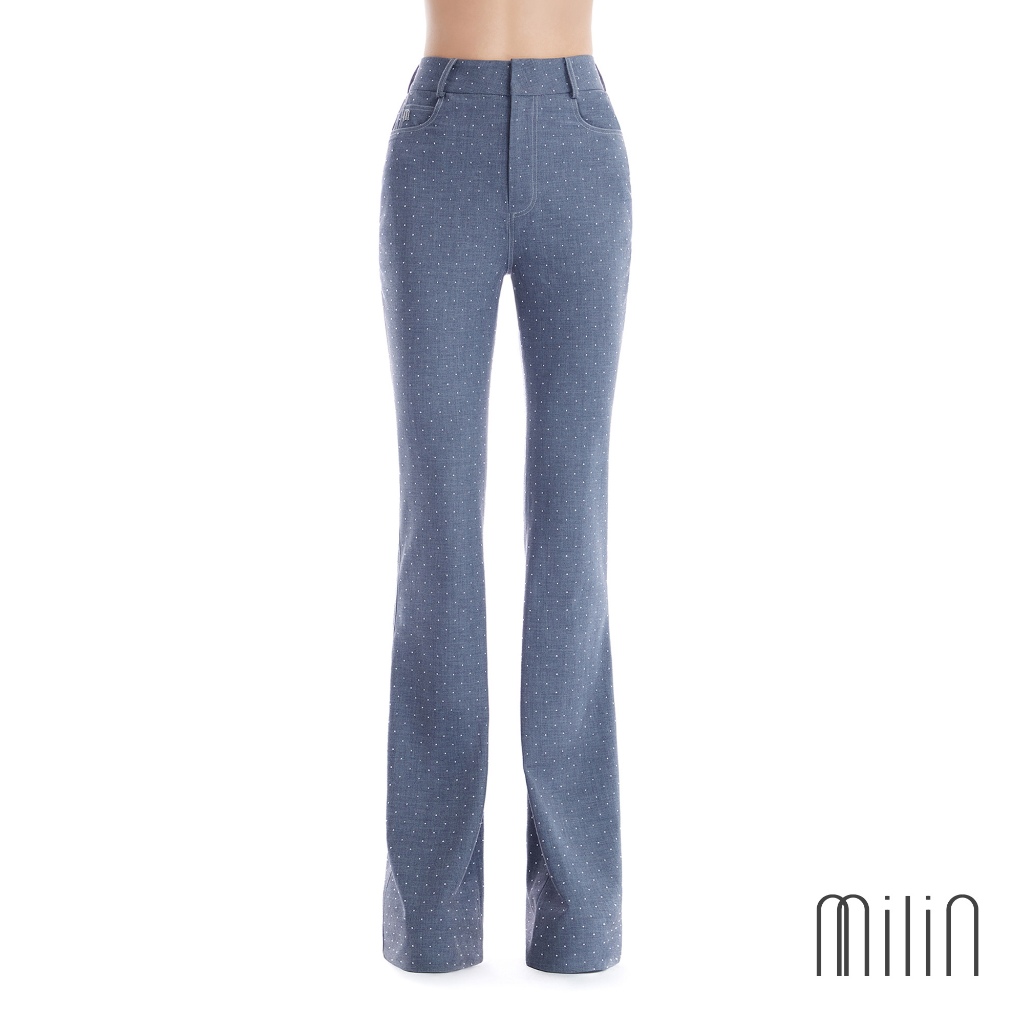 [MILIN] Saunter High-waisted Contrast stitching slim fit and flared Pants กางเกงเอวสูงขาม้าเข้ารูปดินเส้นเย็บสีตัดกัน/46