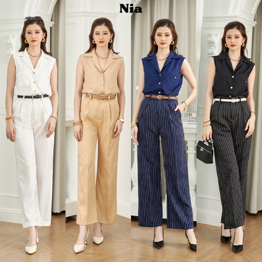 Nia-Diana Pants กางเกงขากระบอก ระดับเอวกลาง พรางหุ่น สไตล์คลาสสิค Old Money ผ้าลายริ้วยับยาก เรียบหรูดูแพง