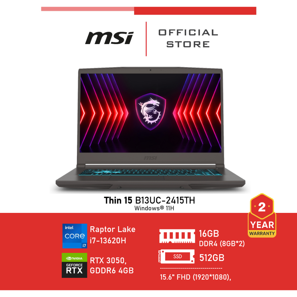 MSI Thin 15 B13UC-2415TH (15.6'', RTX 3050, Memory 16GB (8GBx2), i7) Laptop เกมมิ่งโน๊ตบุ๊ค Notebook