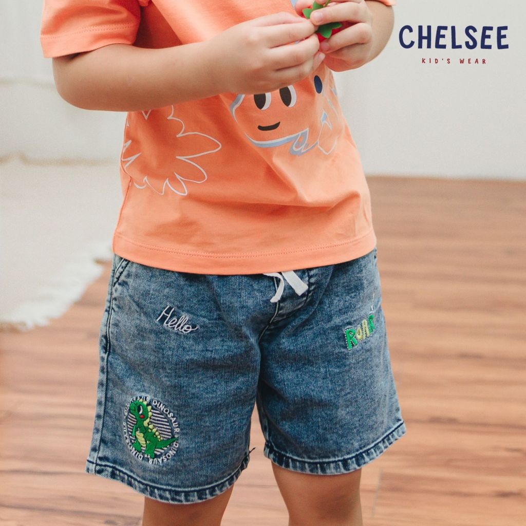 Chelsee กางเกงยีนส์ขาสั้น เด็กผู้ชาย รุ่น 128069 เอวยางยืด ปักลายไดโนเสาร์ ผ้ายีนส์เดนิม นิ่ม อายุ 1.5-10ปี แฟชั่นเด็ก