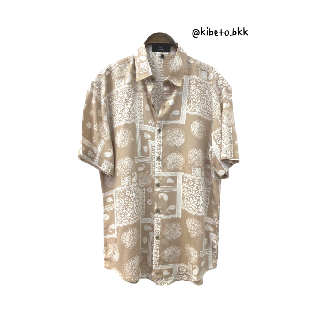 Kibeto เสื้อฮาวาย ลายผ้าเช็ดหน้าสีกากี ผ้าสปันเรยอน เนื้อนิ่ม ใส่สบาย