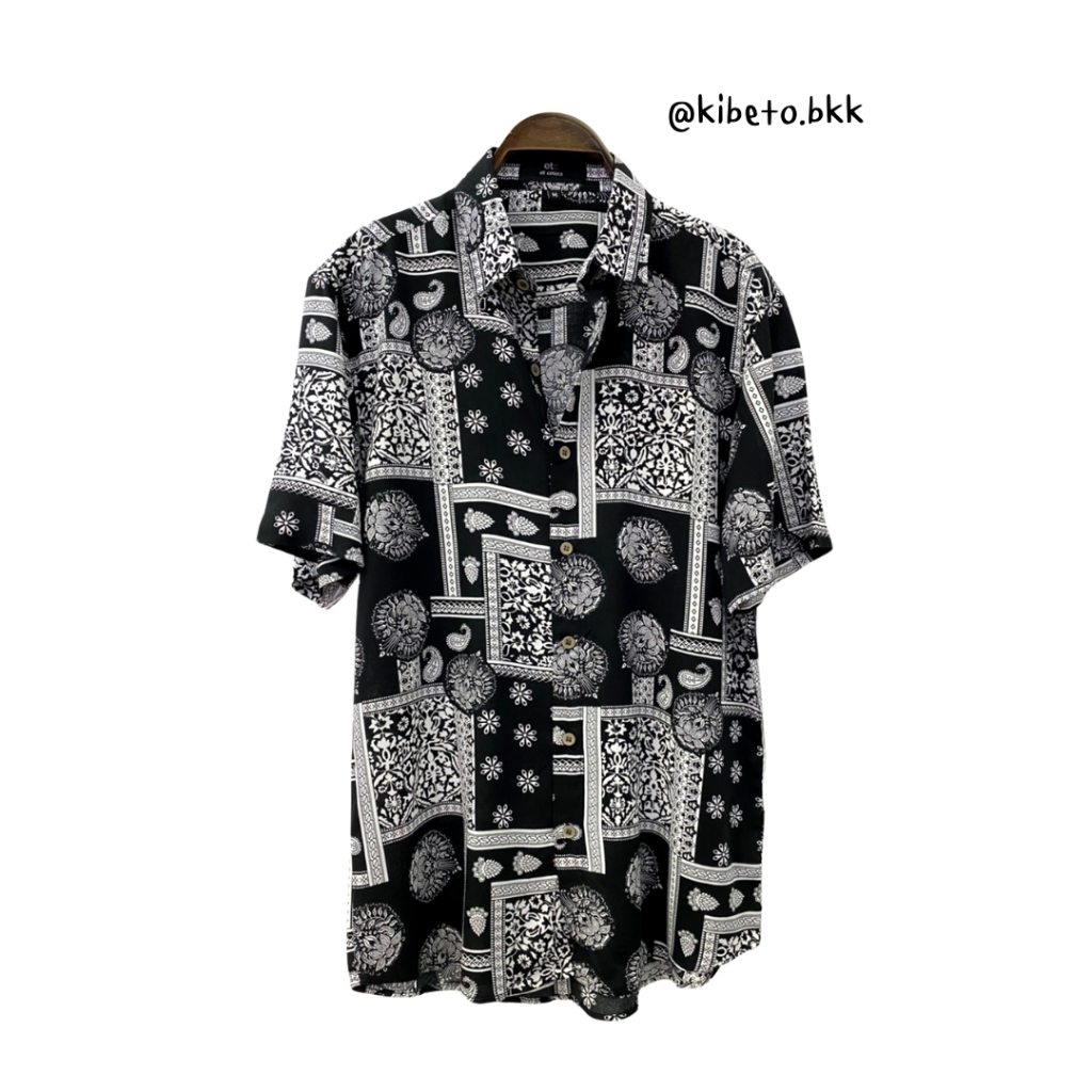 Kibeto เสื้อฮาวาย ลายผ้าเช็ดหน้า สีดำ ผ้าสปันเรยอน เนื้อนิ่ม ใส่สบาย M L XL 2XL 3XL
