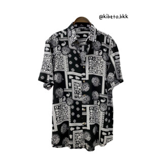 Kibeto เสื้อฮาวาย ลายผ้าเช็ดหน้า สีดำ ผ้าสปันเรยอน เนื้อนิ่ม…