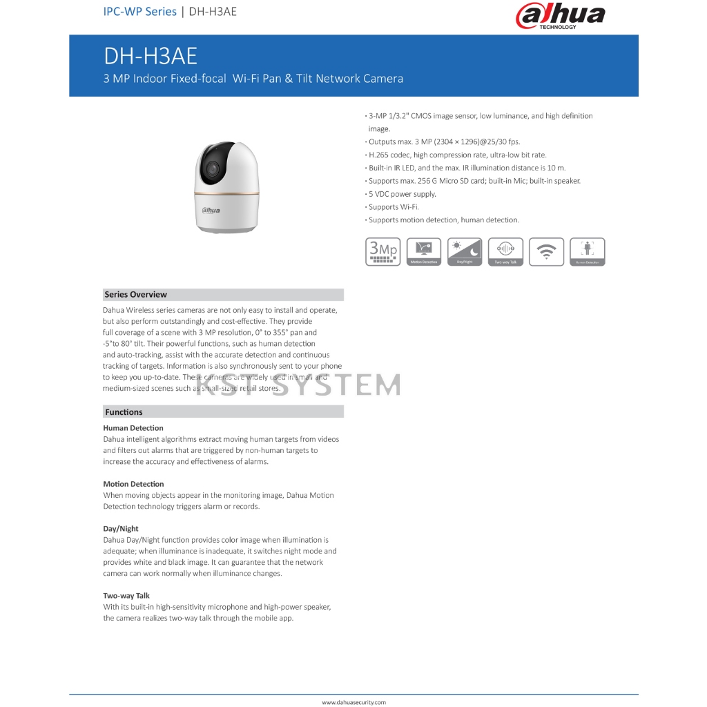 DH-H3AE-B (3.6mm-Adapterในตัว) Dahua Indoor Fixed-Focal Wi-Fi PT Network Camera (Two-Way)