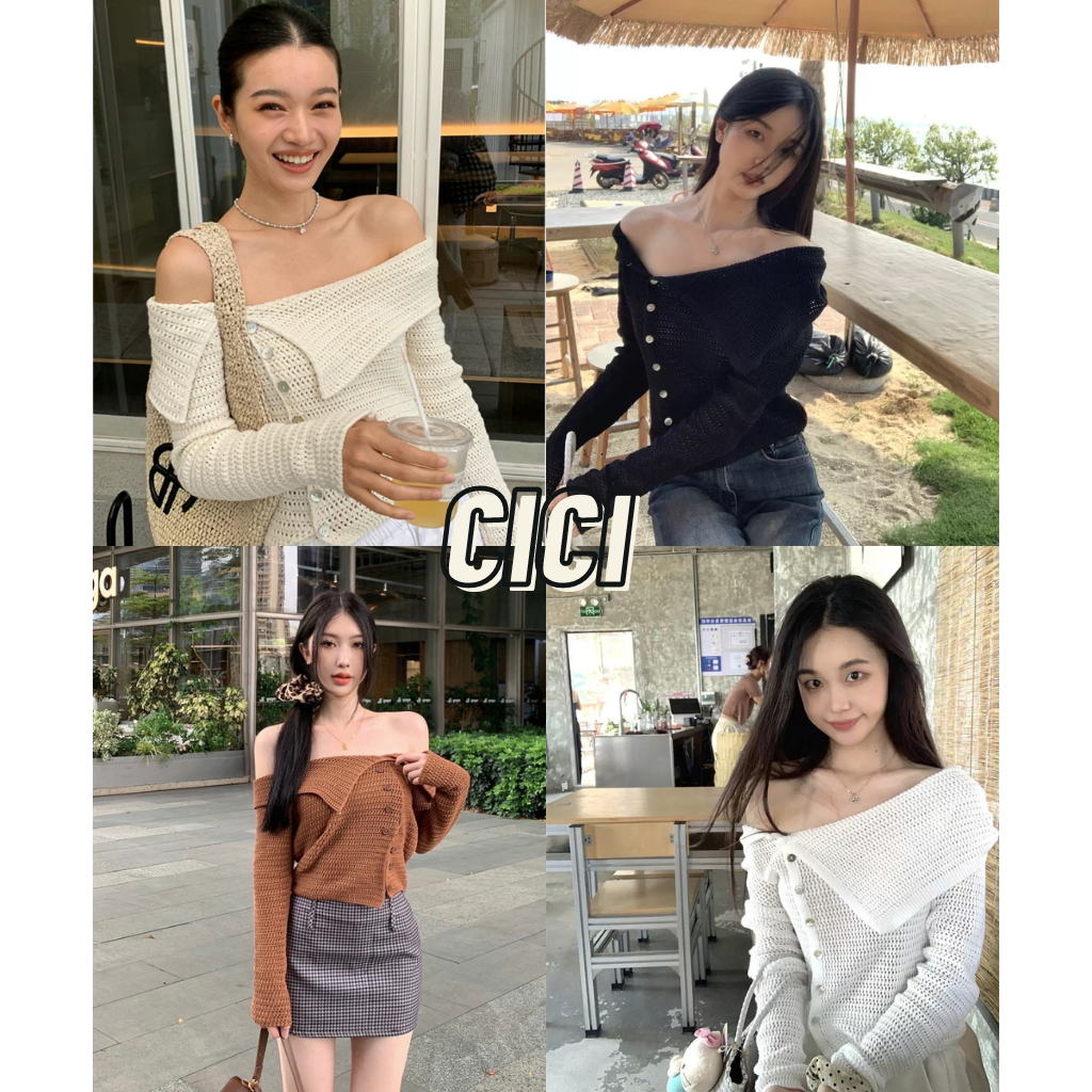 ส่งทันที Cici (NO. T2530) เสื้อไหมพรมผ้าถัก ปาดไหล่ขอบพับ กระดุมใช้งานได้จริง