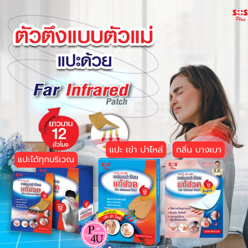 SOS Plus Far Infrared Patch SCENT แผ่นแปะร้อน ขนาด 8x12cm ซองละ 2ชิ้น บรรจุ 4ซอง/1 กล่อง