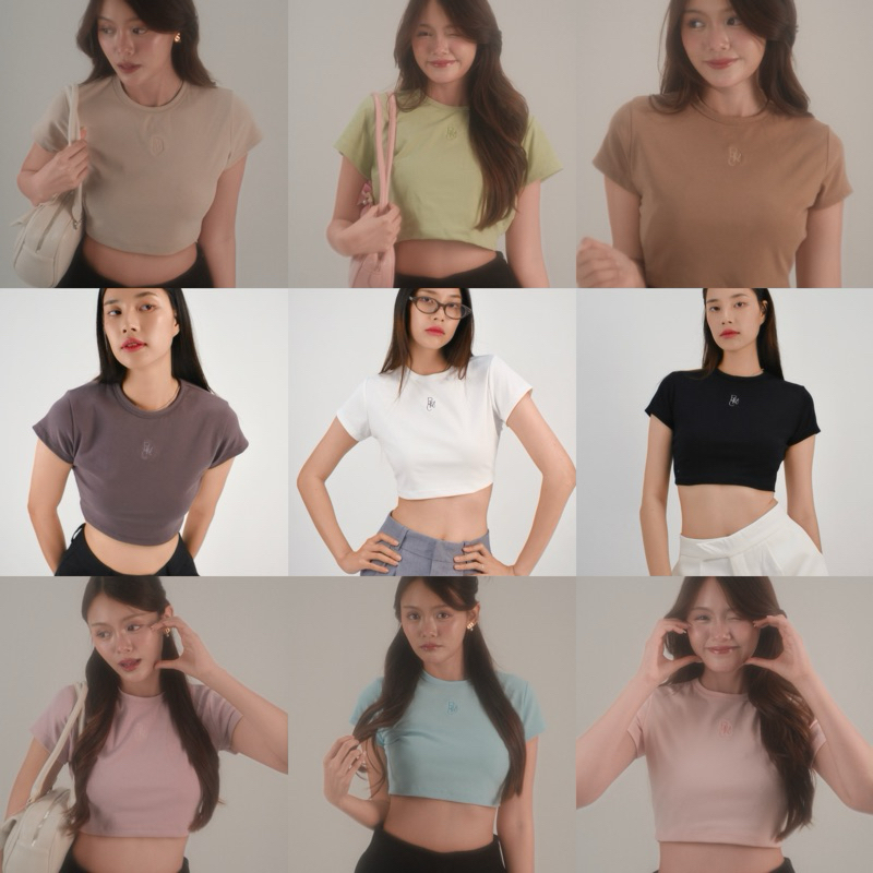 (ไม่ผลิตเพิ่ม)BEMYCHIC เสื้อครอปทรง baby tee รุ่นRAINNY CROP TOP เสื้อครอปรัดรูปผู้หญิงปักโลโก้ย่อแบรนด์