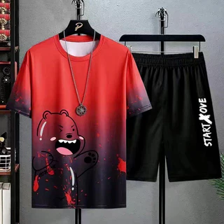 【ส่งเร็วพิเศษ】ชุดแฟชั่นชาย ชุดกางเกงขาสั้นเสื้อยืดผู้ชาย เสื้อผ้ายืด สวมใส่สบายใส่แล้วดูผอม Men's T-shirts Sets ผ้านุ่ม