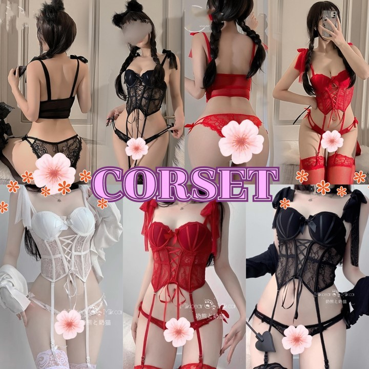 TOP SEXY ชุดเซ็ทคอร์เซ็ท ชุดเข้ารูป ชุดลูกไม้บางเบา 💐 มีโครง ติดโบว์ มีหลายสี T-1025