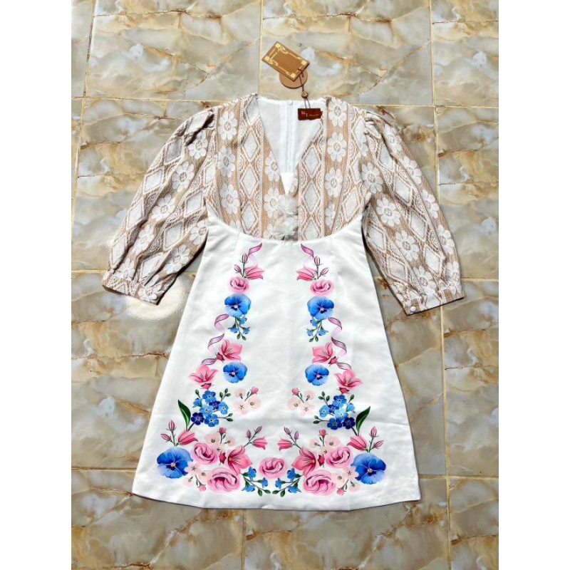 (S) พร้อมส่ง🌷ชุดเดรสแขนลูกไม้ลายดอก งานป้าย NT Princess แท้ มือ1 ป้ายห้อย