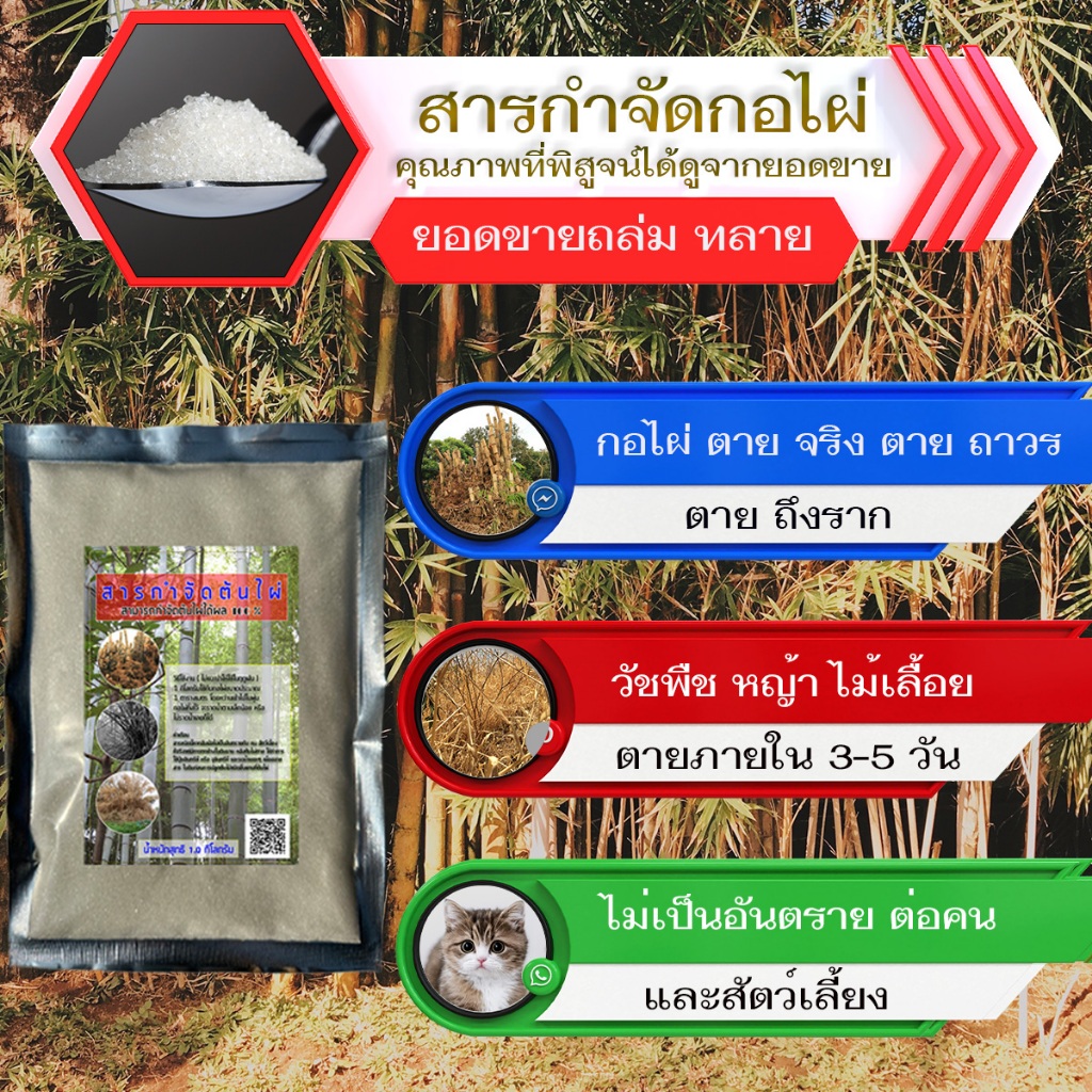 สารกำจัดกอไผ่ สามารถฆ่ากอไผ่ตายยันรากได้ผล 100% และใช้เป็นยาฆ่าหญ้า วัชพืช ได้ผลจริง  บรรจุ 1.0 กก.