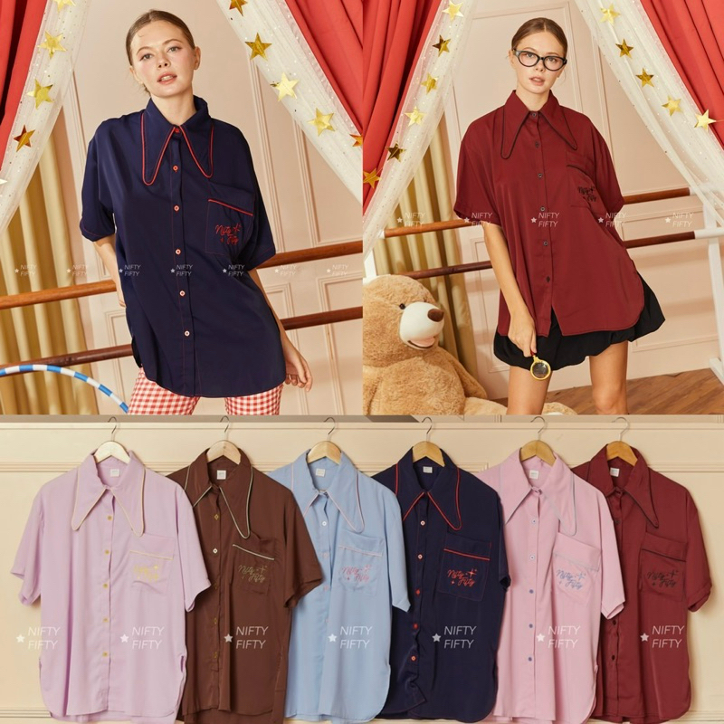เสื้อเชิ้ต คอปกแหลม ปักNifty fifty สีพื้นน่ารักๆ